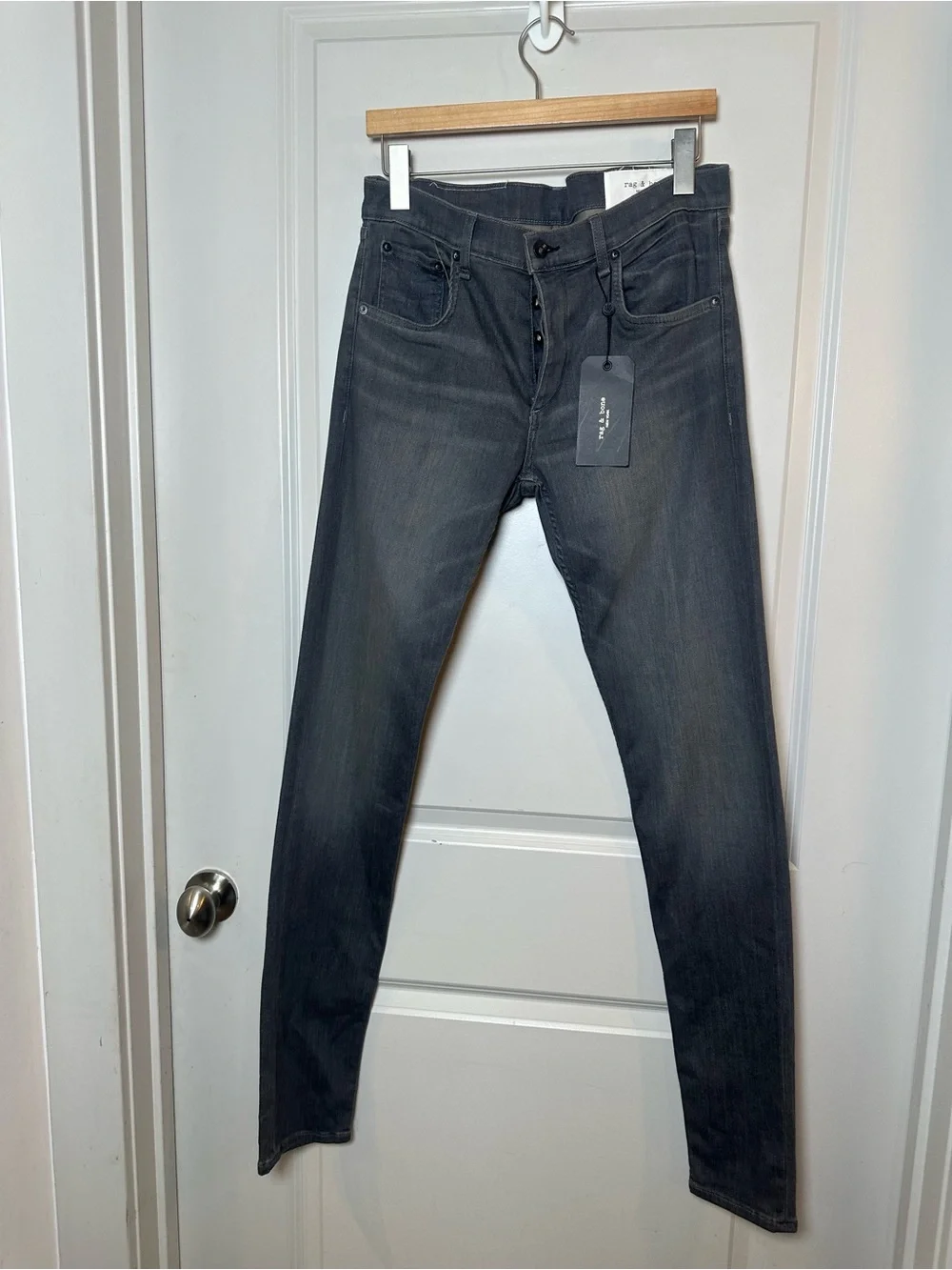 NEW Rag & Bone Mens Fit 1 Grey Extra Slim Fit Dark Wash Denim Skinny Jeans, 34